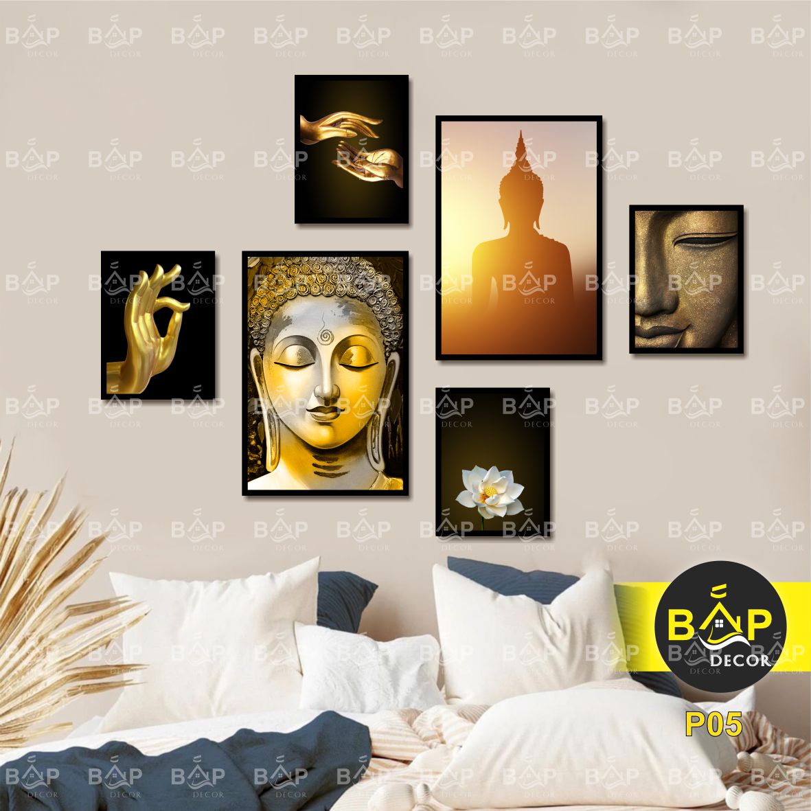 Bộ tranh Phật và Hoa Sen tranh dán tường trang trí phòng thờ, phòng khách, Bắp Decor