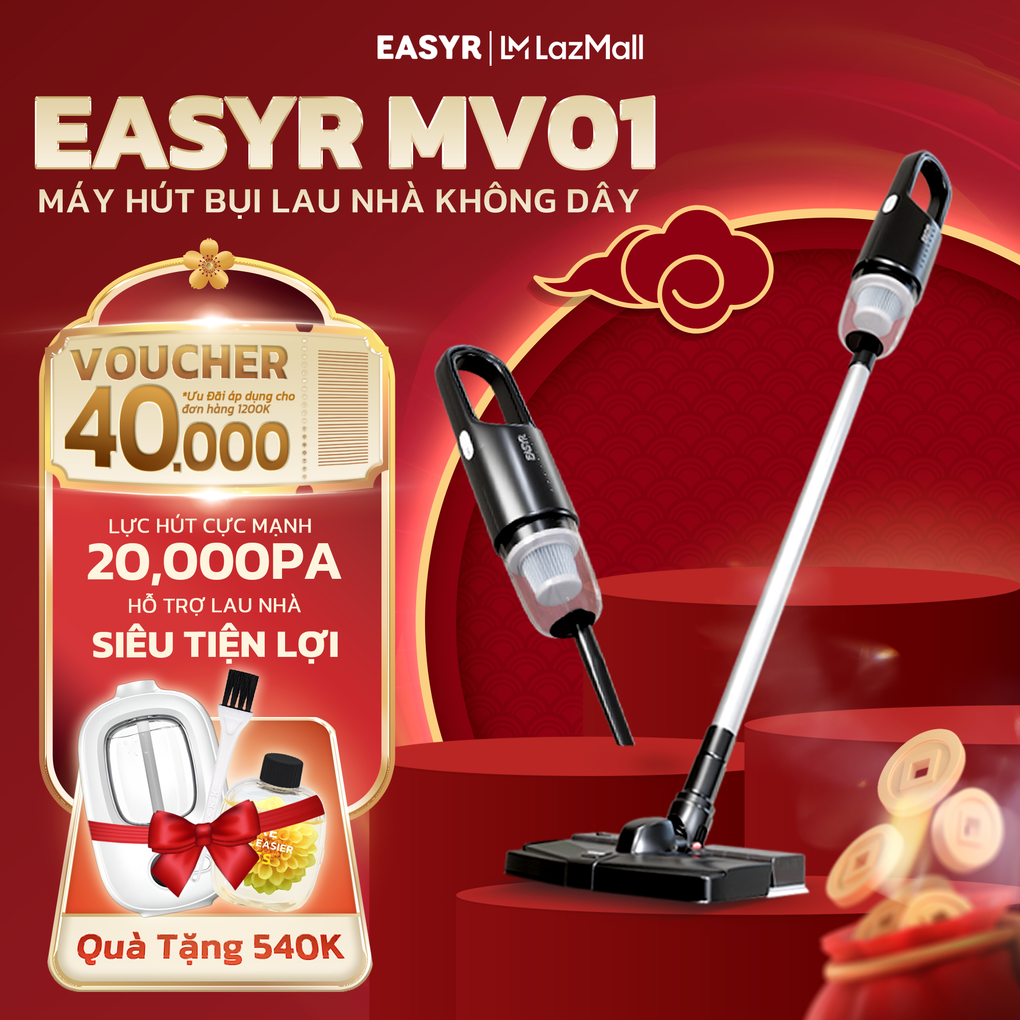 Máy hút bụi không dây cầm tay EASYR MV01 cao cấp máy hút bụi lau nhà đa năng lực hút cực mạnh 20000Pa công suất 120W