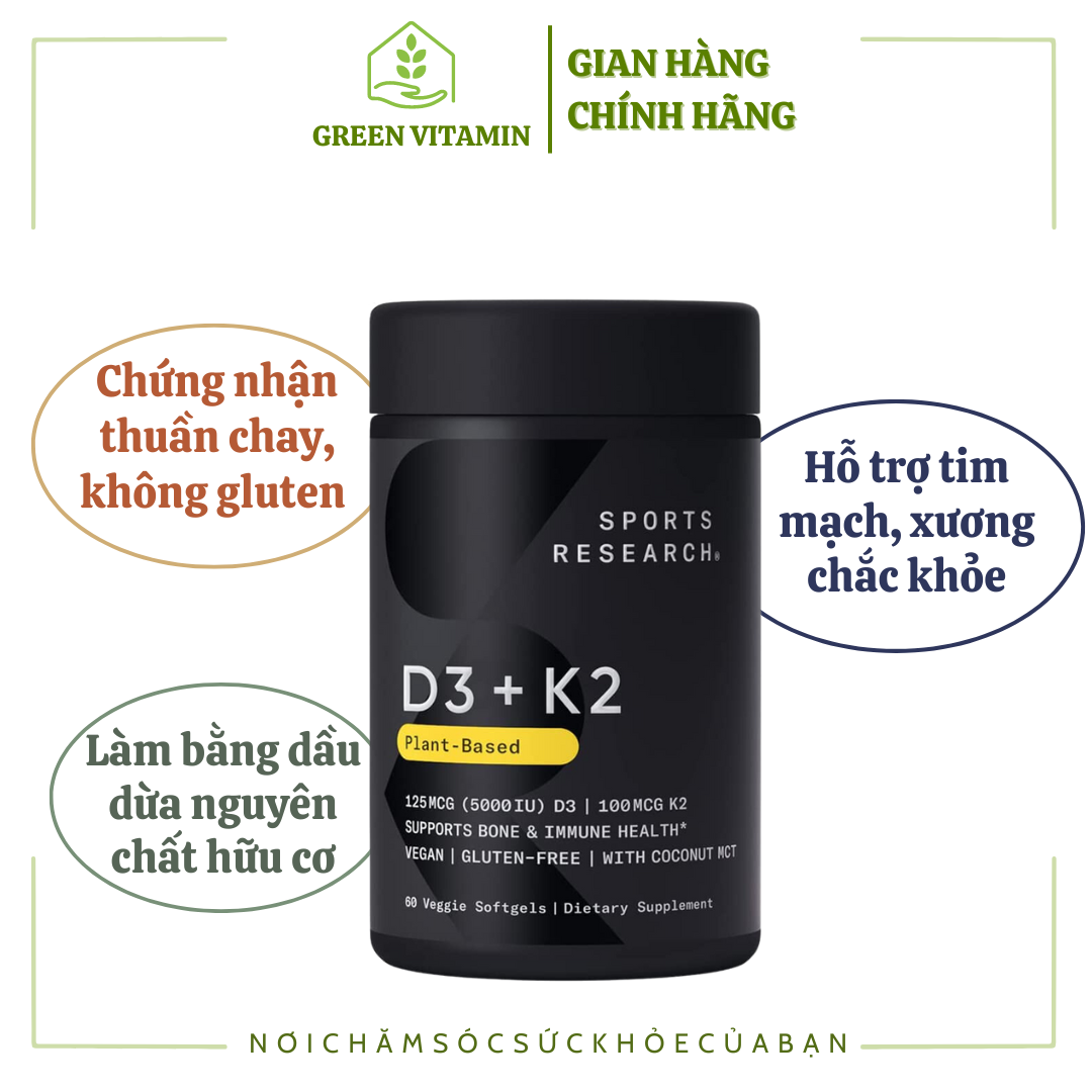 Sports Research Vitamin D3&K2 - Viên uống hỗ trợ xương khớp và tăng sức đề kháng 60 viên
