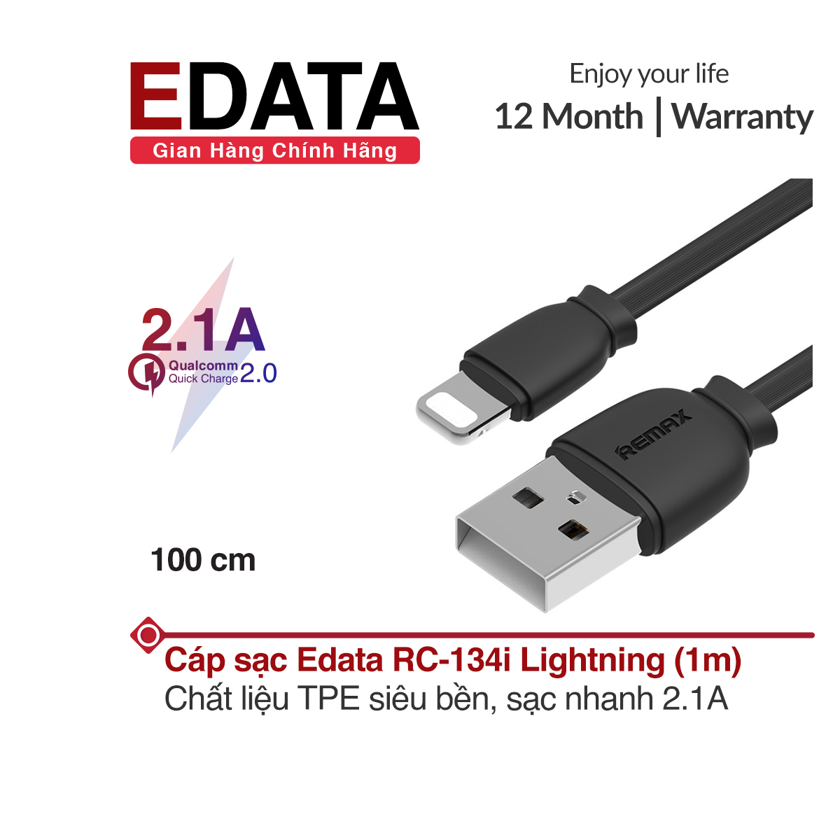 Cáp sạc Nhanh iPhone Edata RC-134i Lightning, chất liệu TPE siêu bền, chiều dài 1m
