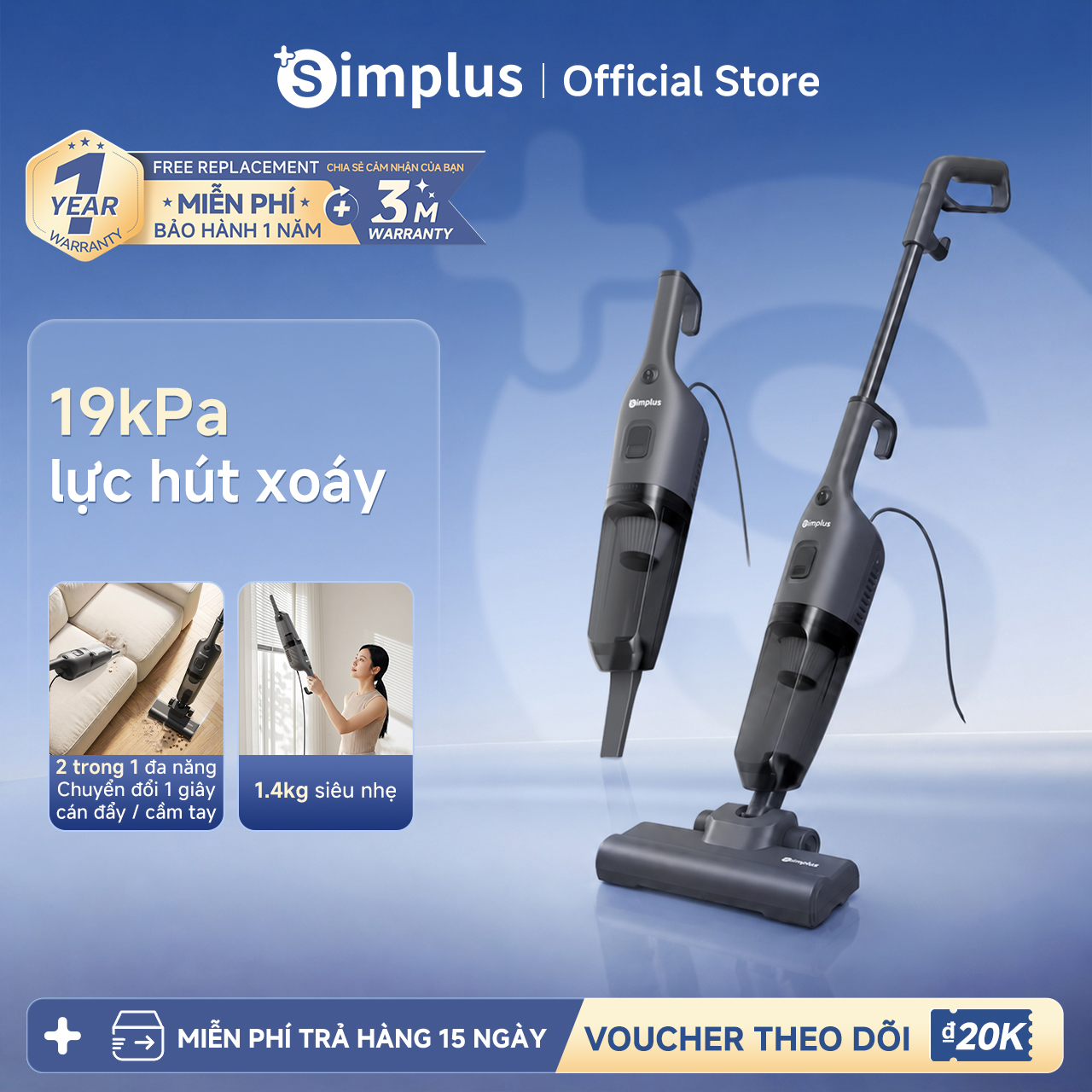 Simplus Vertical Vacuum Cleaner 19Kpa Strong Suction Power Handheld & Push-Handle 2-in-1 Self-Standing Ultra-Lightweight 1.4kg Xcqh021