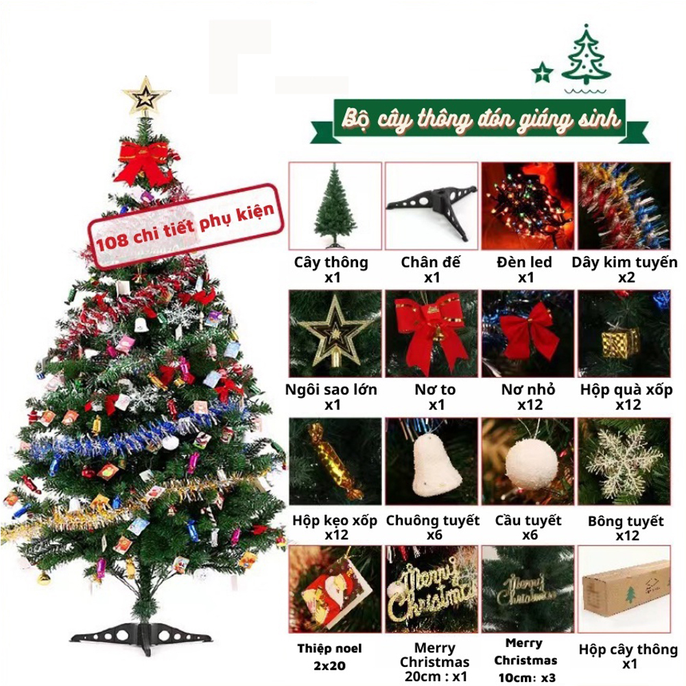 Cây thông noel cao 1,5m, cây thông giáng sinh đủ phụ kiện đèn led, chữ merry christmas , dây kim tuyến , chuông giáng sinh , nơ và nhiều phụ kiện khác, cây thông noel 1.2m, 90cm,60cm.