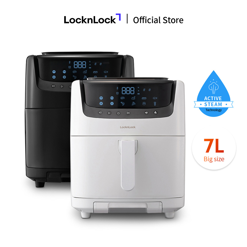 Trả góp 0% - Nồi chiên không dầu kèm hấp 2in1 LockLock 7L EJF881 - Màu Đen/Trắng - 8 chế độ nấu, Làm sạch hơi nước, Bảo hành 2 năm