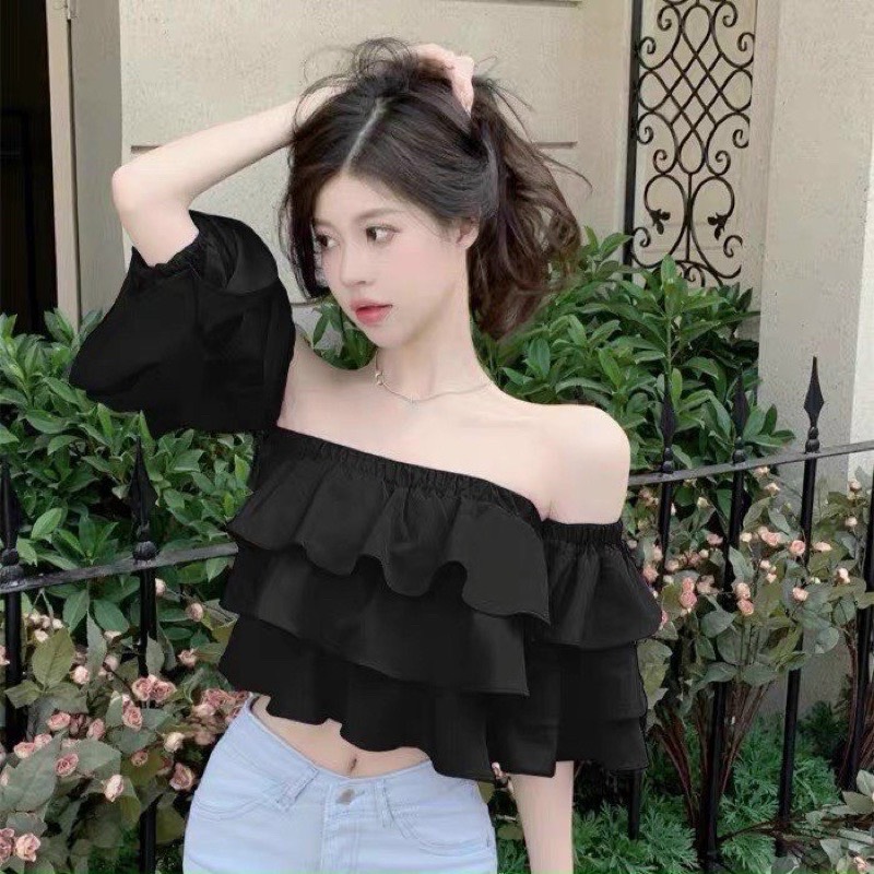 Áo Voan Hàn Quốc Xếp Tầng Trễ Vai Kèm Hai Tay Ngắn Rời Bánh Bèo TTSLA0933