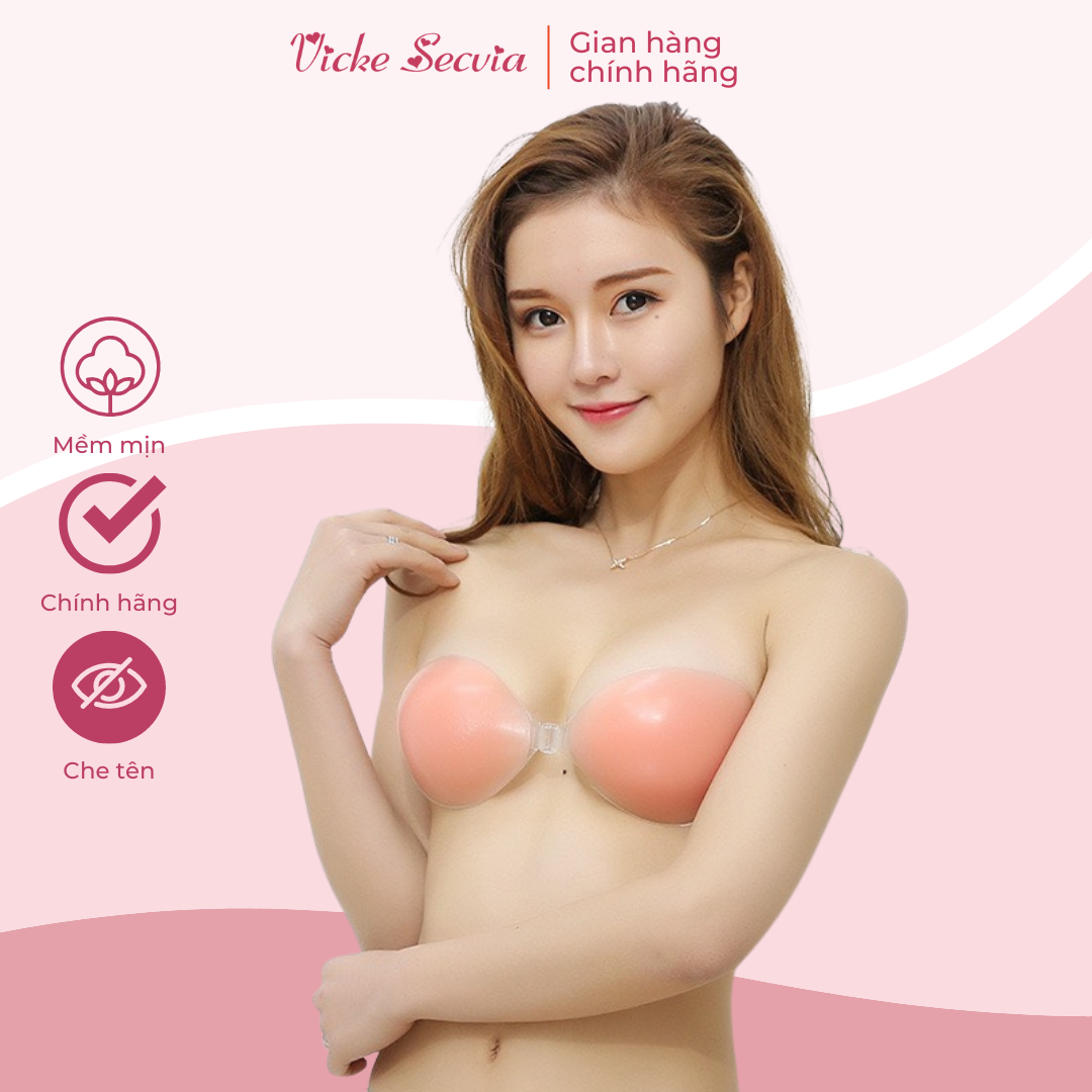 Miếng dán ngực silicone cao cấp cài trước siêu dính VICKE SECVIA tặng kèm dây áo trong A3-004