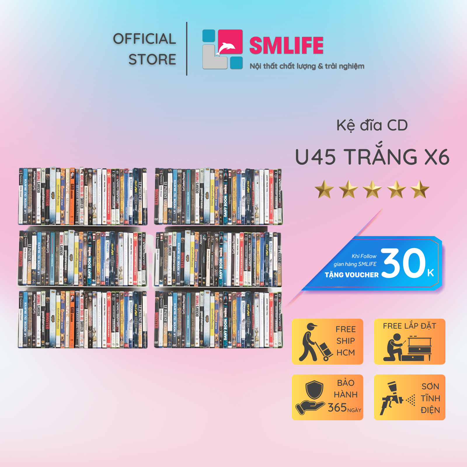 Kệ sách treo tường chữ U 45 (Set 6) - Kệ treo tường bằng thép dày 1,6mm - Sơn tĩnh điện màu Trắng/ Đen hiện đại - Tặng kèm bộ ốc vít và đầu bịt ốc