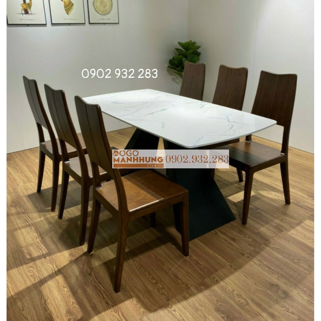 [HCM]Bộ bàn ăn gỗ sồi 6 ghế mặt bàn đá ma 4, hàng giá xưởng giao lắp đặt tại nhà