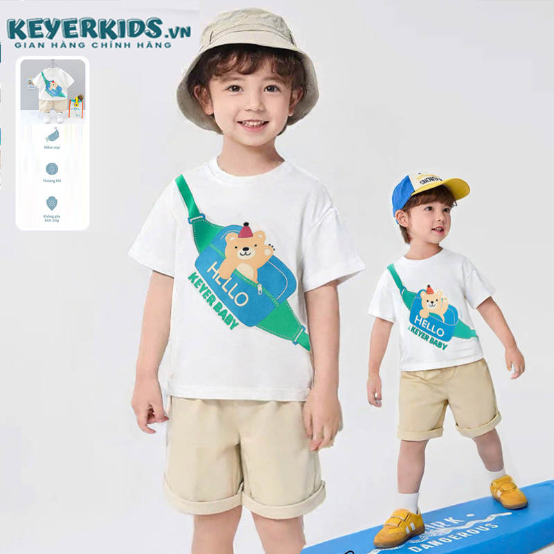 Bộ Quần Áo Bé Trai (6 tháng - 5 tuổi) KEYER KIDS, Áo Thun Cotton, Quần Short Kaki Mềm Hình in Túi Đeo Gấu Dễ Thương Sành Điệu SZ45