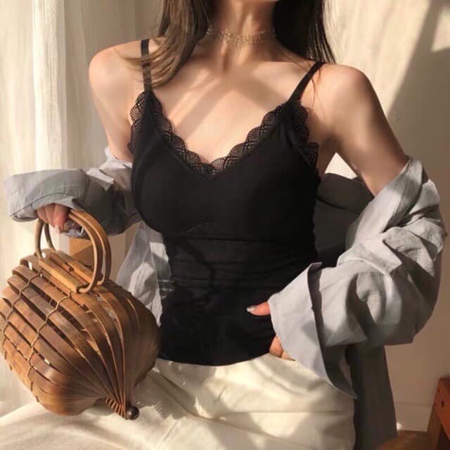 Áo hai dây nữ - Áo 2 dây có đệm mút phối ren tôn dáng [áo 2 dây mặc vest]