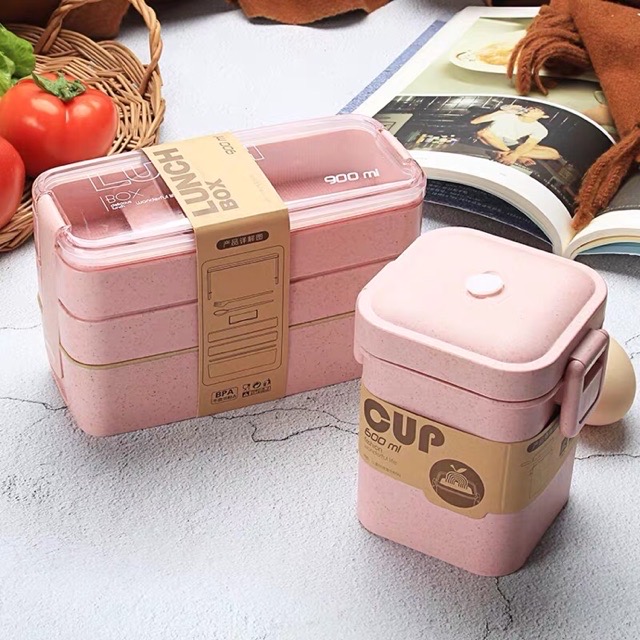 Combo Hộp cơm giữ nhiệt lúa mạch 3 TẦNG kèm Cốc đựng canh giữ nhiệt
