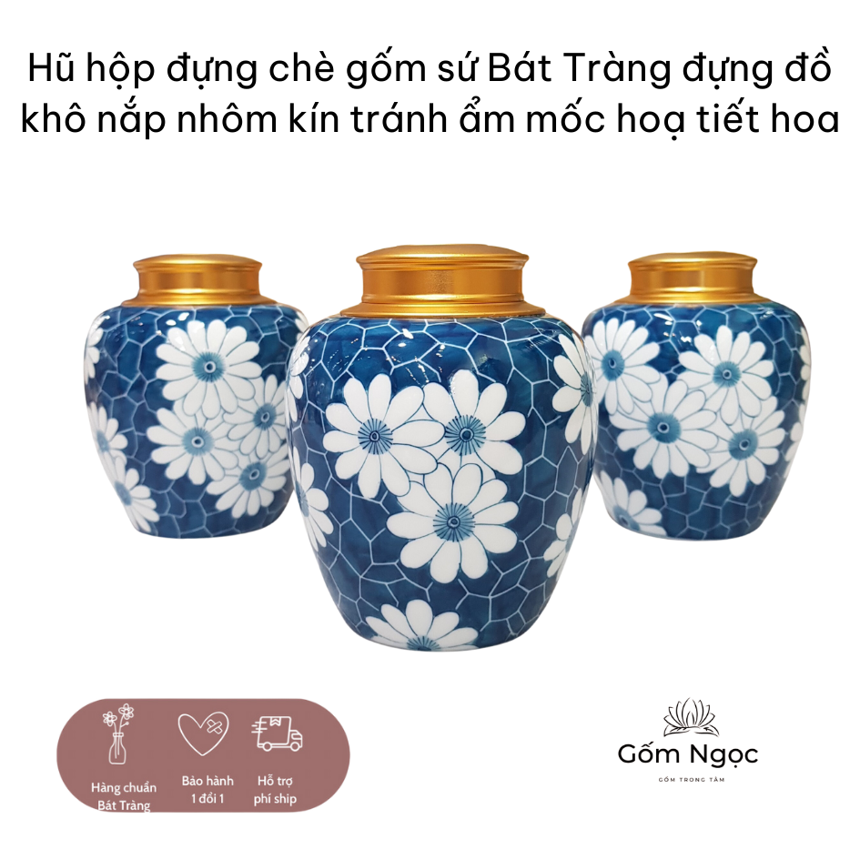 Hũ hộp đựng chè gốm sứ Bát Tràng đựng đồ khô nắp nhôm kín tránh ẩm mốc hoạ