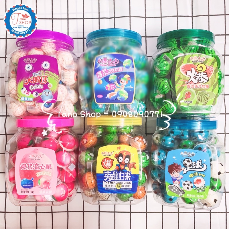 Hũ 50 viên kẹo dẻo có nhân hình con mắt/Squid game/Trái đào