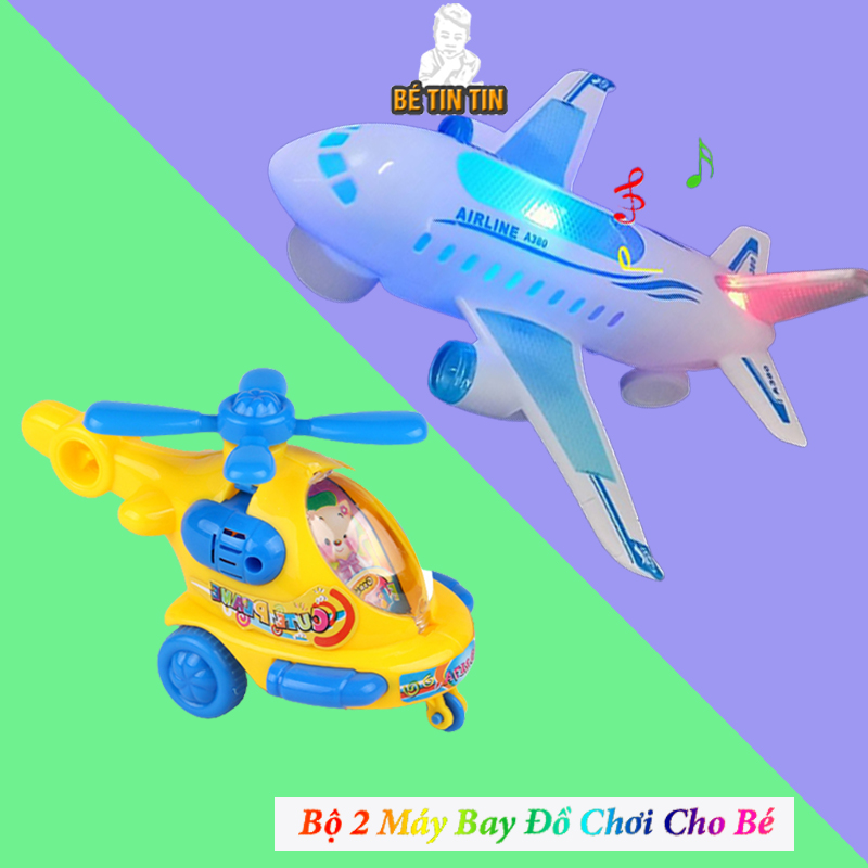 Bộ 2 máy bay cỡ lớn chạy pin có đèn nhạc và máy bay trực thăng chạy cót cho bé
