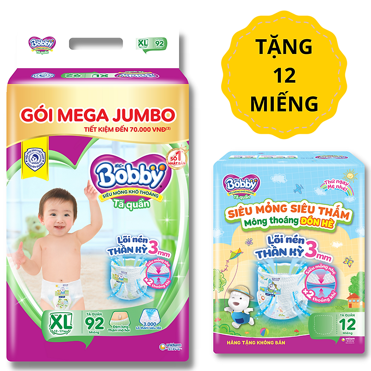 [Chính hãng] Tã/bỉm quần Bobby Mega Jumbo M120/L104/XL84/XXL84 - Tặng gói 08 miếng tã quần hello summer - Lõi nén thần kì 3mm