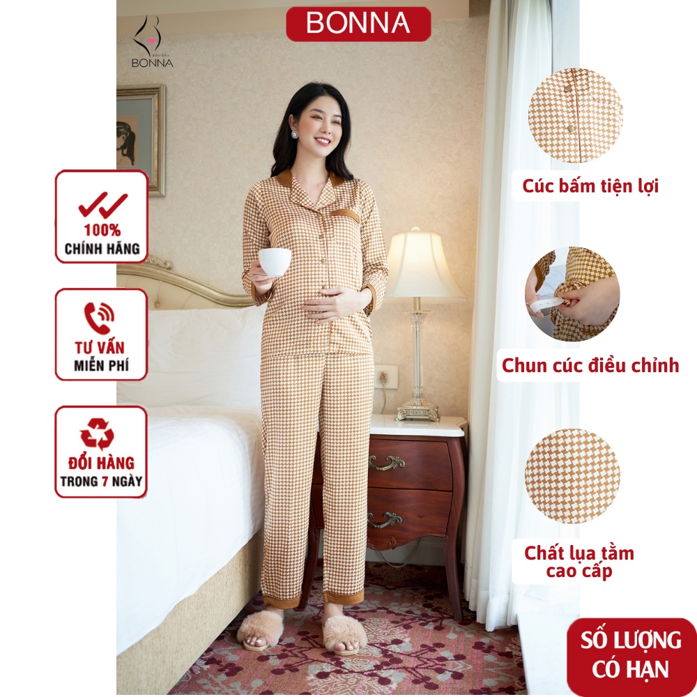 Đồ bộ bầu BONNA mặc trước và sau sinh thoải mái, quần có chun cúc điều chỉnh tiện lợi, chất lụa tằm cao cấp mềm mại B018