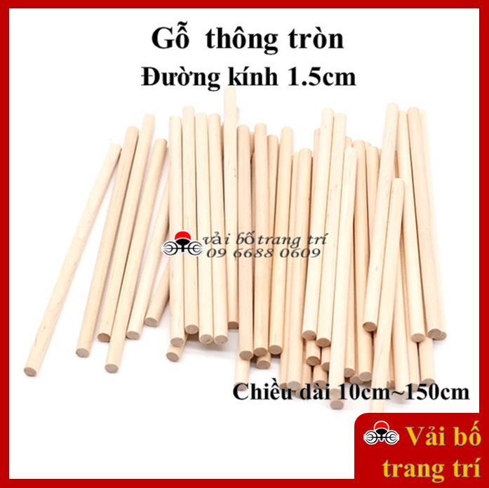 Thanh gỗ tròn, phi 15, đường kính 15mm, thanh gỗ thông tròn, gỗ thông làm handmade, mô hình, decor, treo tường, macrame