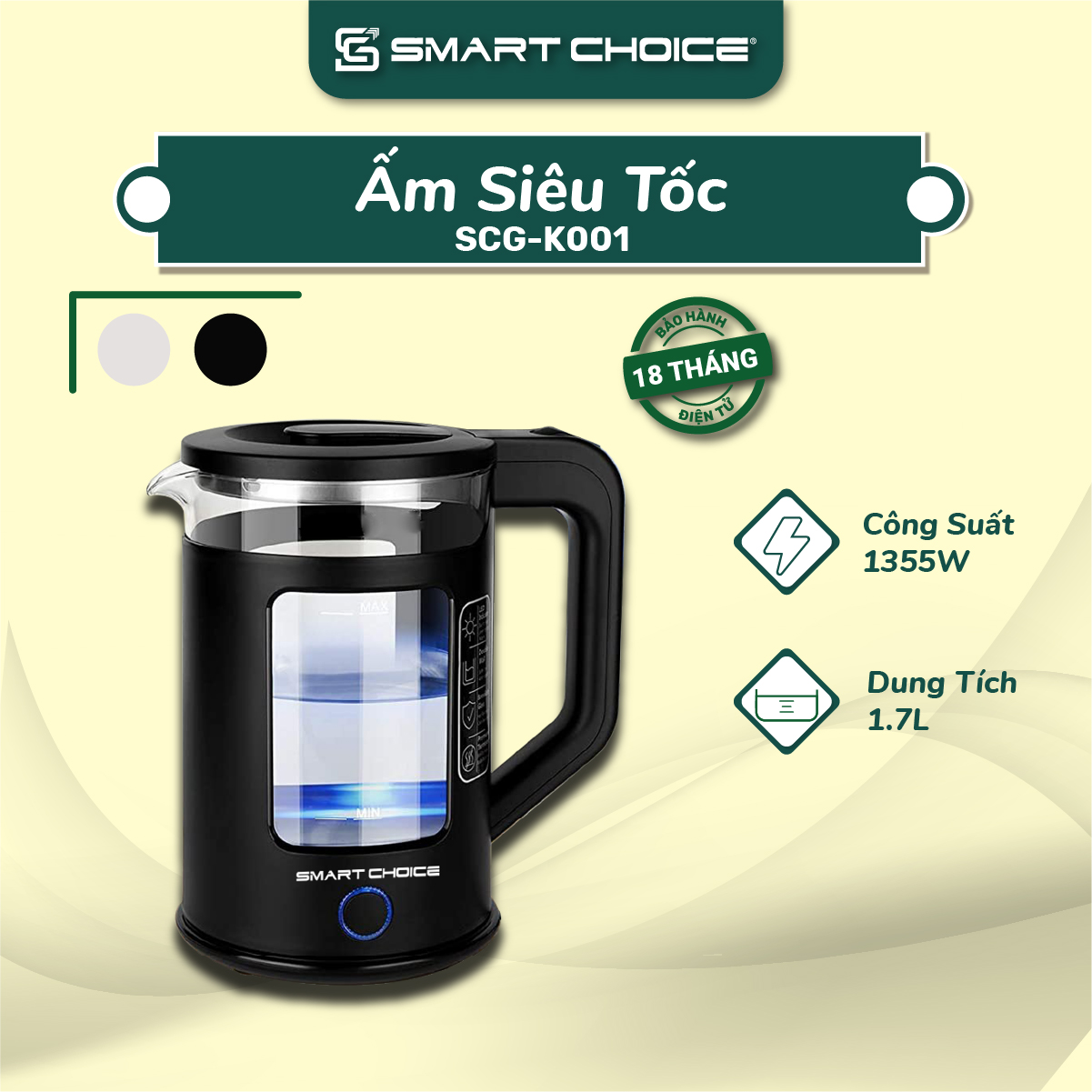 Ấm siêu tốc smartchoice scg-k001 1.7l màu đen thủy tinh chịu nhiệt, chịu lực - inox 304 - bảo hành 12 tháng