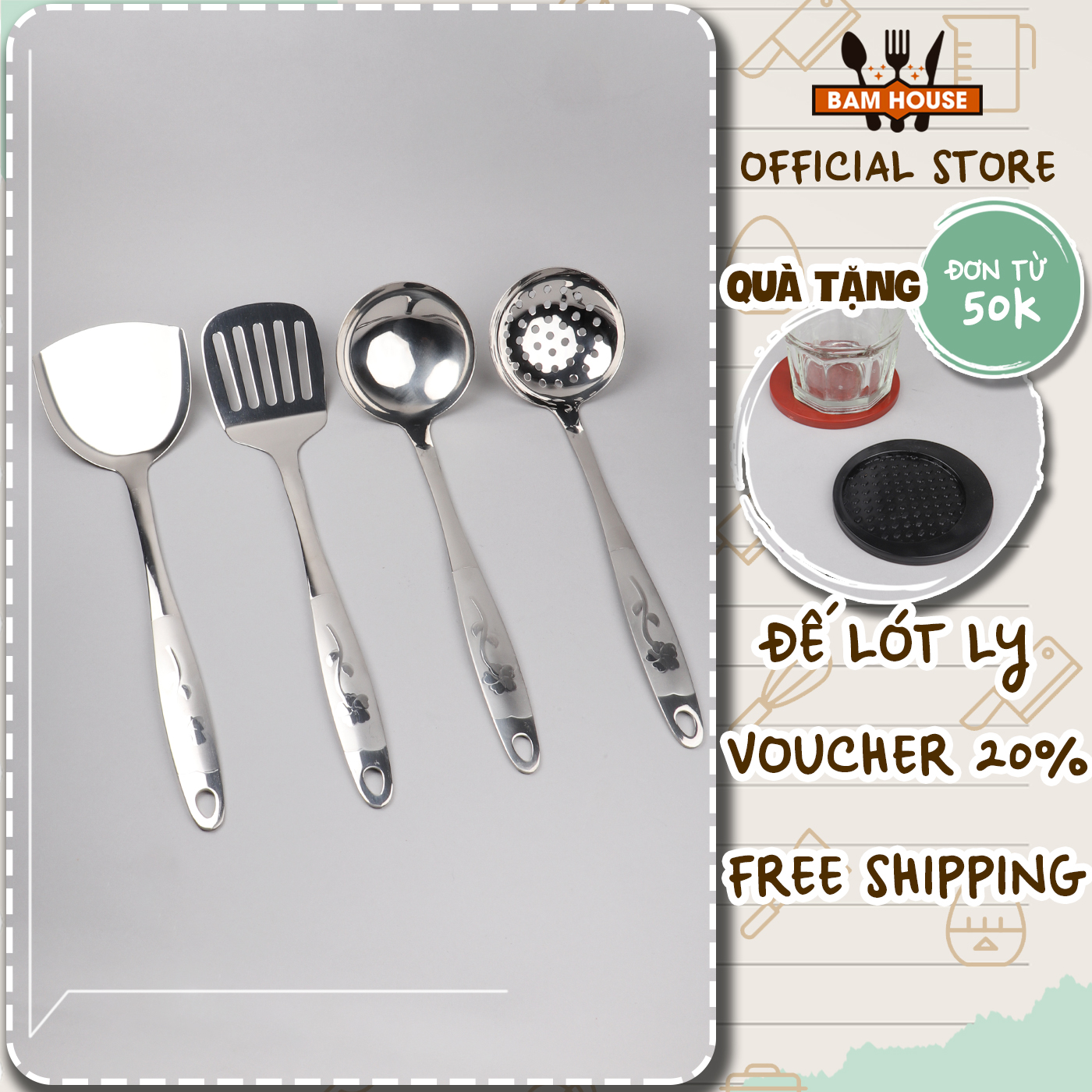 Set Vá đặc, Vá lỗ, Xẻng đặc, Xẻng lỗ inox Bam House cán hoa loại lớn cao cấp siêu bền SCH05 - Gia dụng bếp