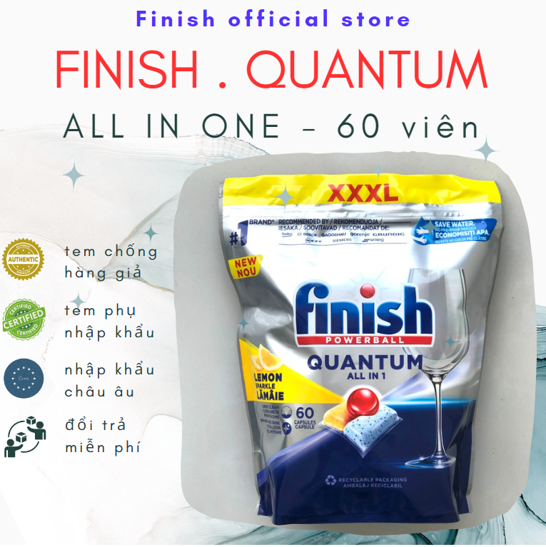 Viên Rửa Chén Bát Finish QUANTUM Lemon Sparkle/hương chanh - Hộp 36/60 viên - 12 tính năng