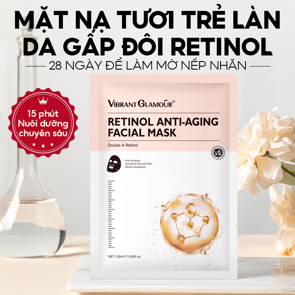 VIBRANT GLAMOUR Double A Retinol Facial Mask Anti-Wrinkle Anti Aging Whitening Sheet Mask Mặt nạ làm giảm nếp nhăn mờ vết thâm Melamsa Firming Hyaluronic Acid Dưỡng ẩm sâu Nuôi dưỡng kiểm soát dầu Lỗ chân lông Minimizar Lifting Tender Chăm
