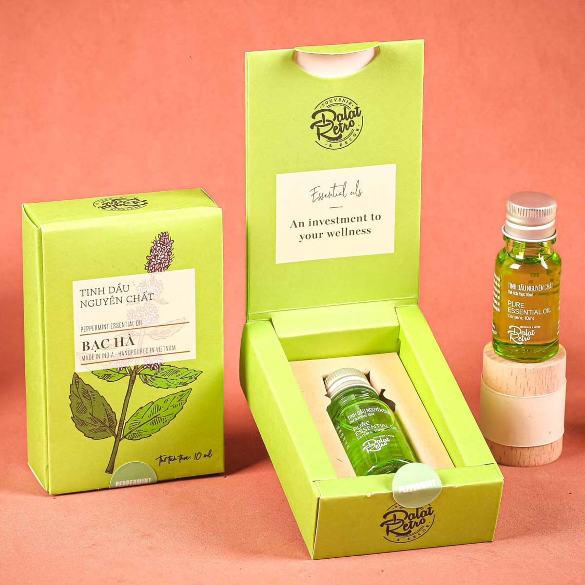 Tinh dầu nguyên chất, bạc hà peppermint, 10ml, hộp, mẫu minimal, Dalat Retro