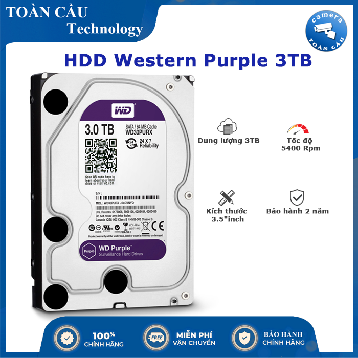 [HCM][100% CHÍNH HÃNG] Ổ cứng Camera HDD Western Purple 3TB WD30PURZ tím (bảo hành 2 năm) - Camera Toàn Cầu