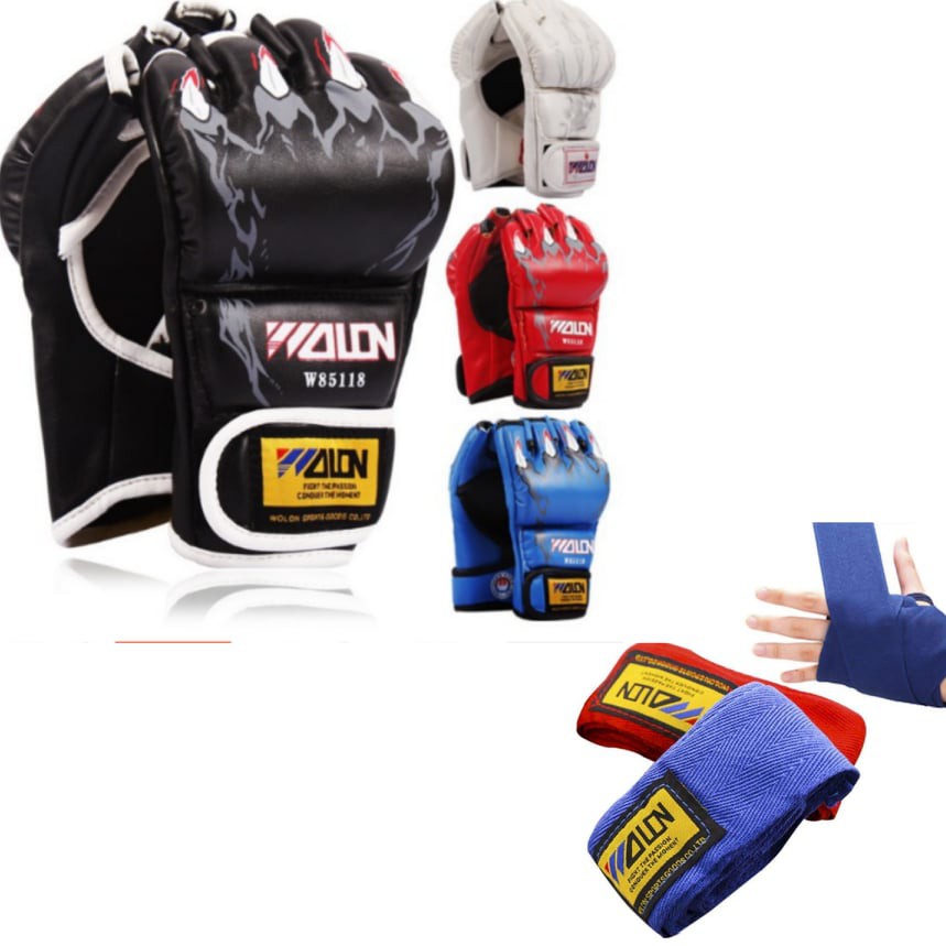 Combo Găng Đấm MMA Hở Ngón + Băng Da Cuốn Tay Walon  - Thiết bị tập võ chuyên nghiệp dành cho boxing, mma, muay, võ cổ truyền