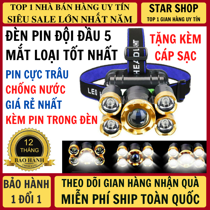 Đèn Pin Siêu Sáng Đội Đầu 5 Mắt Phiên Bản Nâng Cấp Mới Bóng To Hơn Sáng Hơn, Tặng Kèm Cáp Sạc Bảo Hành 12 Tháng, den pin sieu sang, đèn pin, đèn pin siêu sáng, den pin