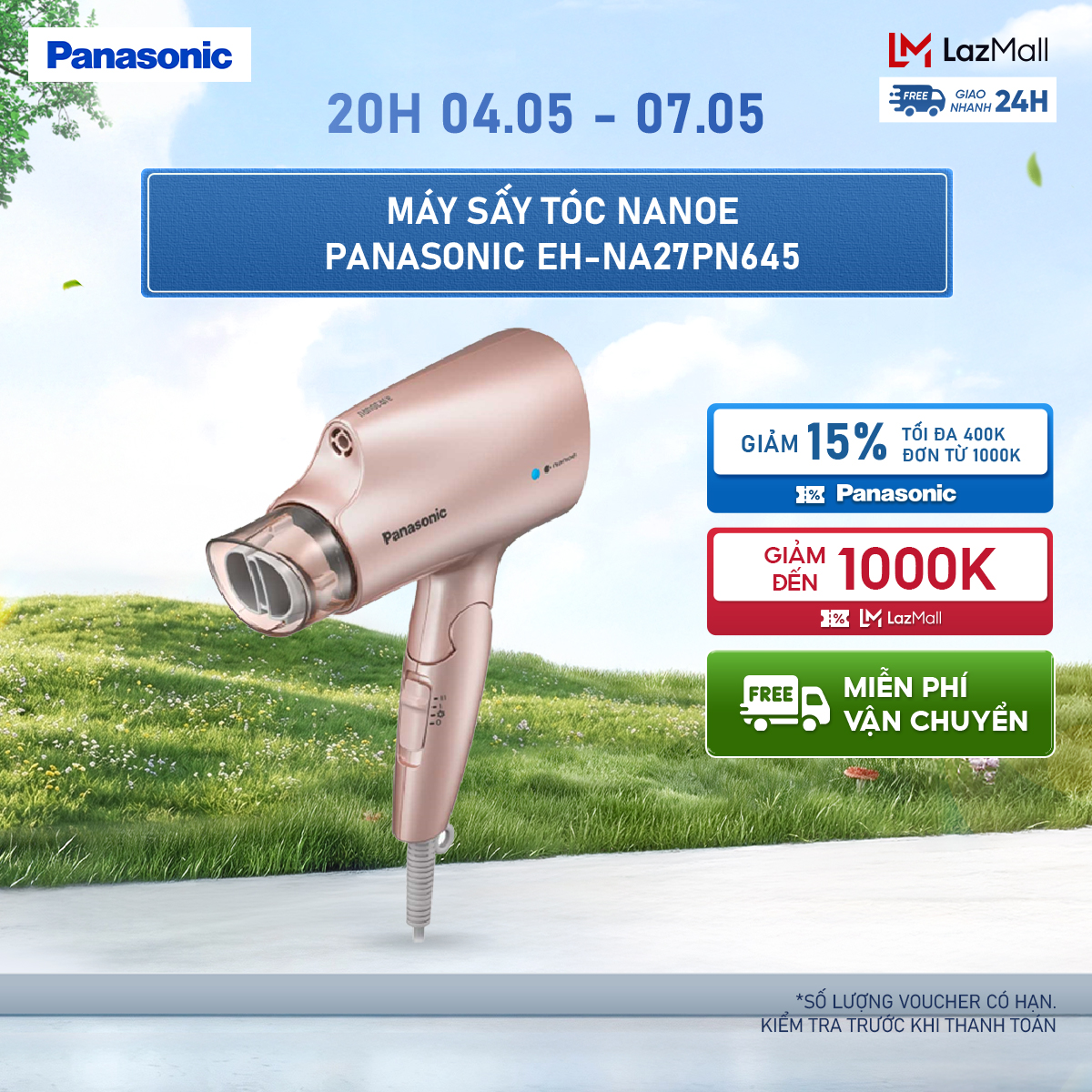 Máy sấy tóc Nanoe dưỡng ẩm, chăm sóc tóc và da đầu Panasonic EH-NA27PN645 – Thiết kế thời trang - Tay cầm gập gọn, dễ dàng mang theo - Công Suất 1200W - Hàng Chính Hãng - Bảo hành 1