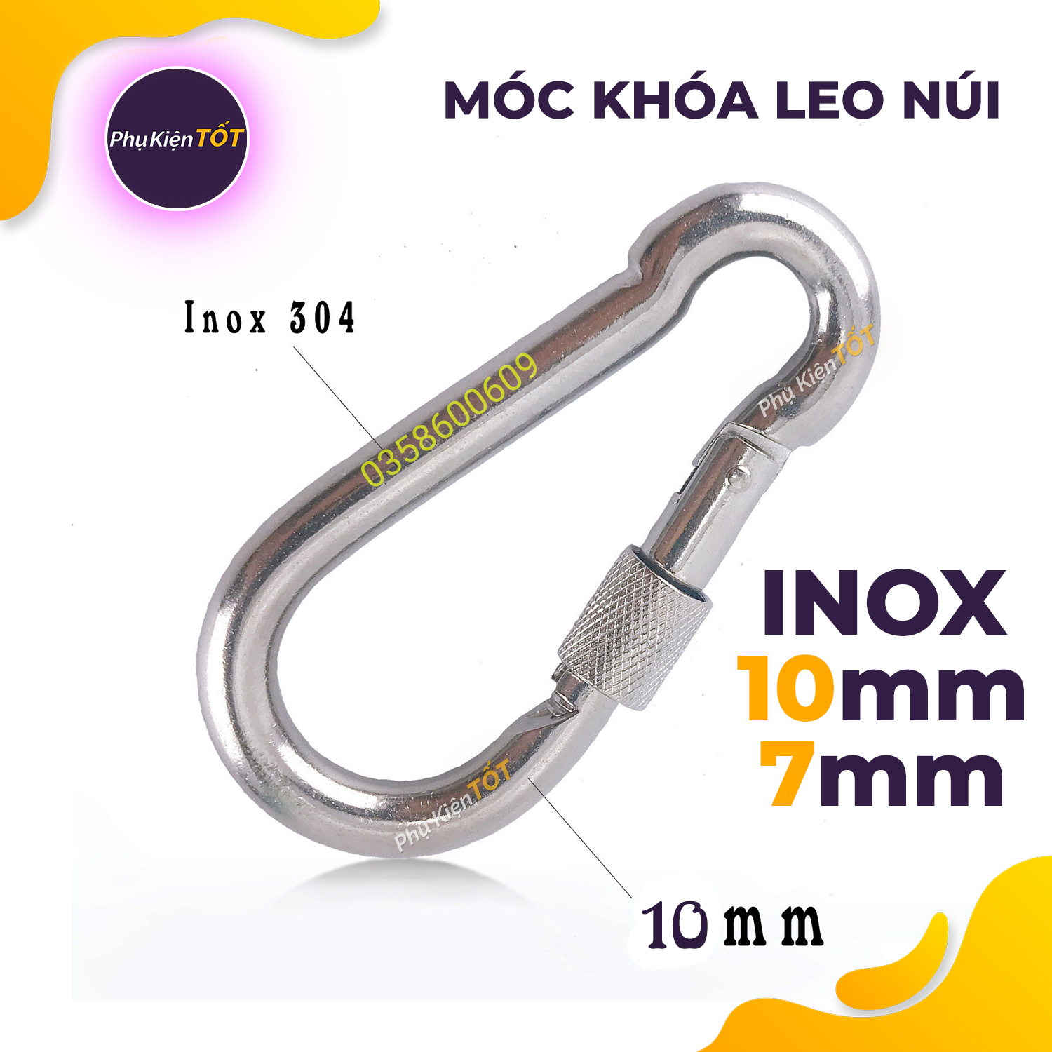 Móc Khóa Leo Núi , Dã Ngoại , Treo Võng Inox 304 Nguyên bản Chịu Lực Tốt loại, Khoen móc kéo 10mm và 7mm