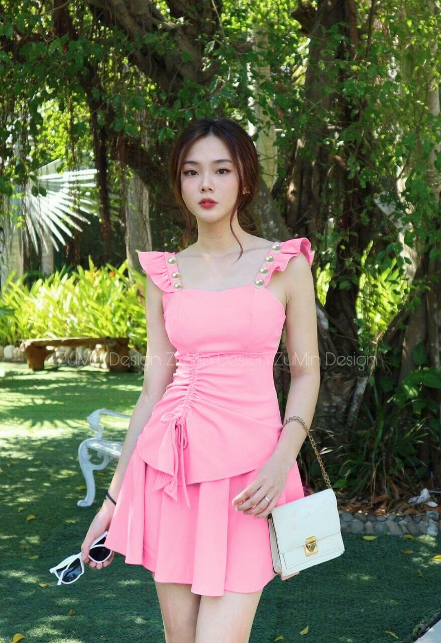 Set áo hai dây kết cườm rút dây và chân váy xòe.fashionlyly