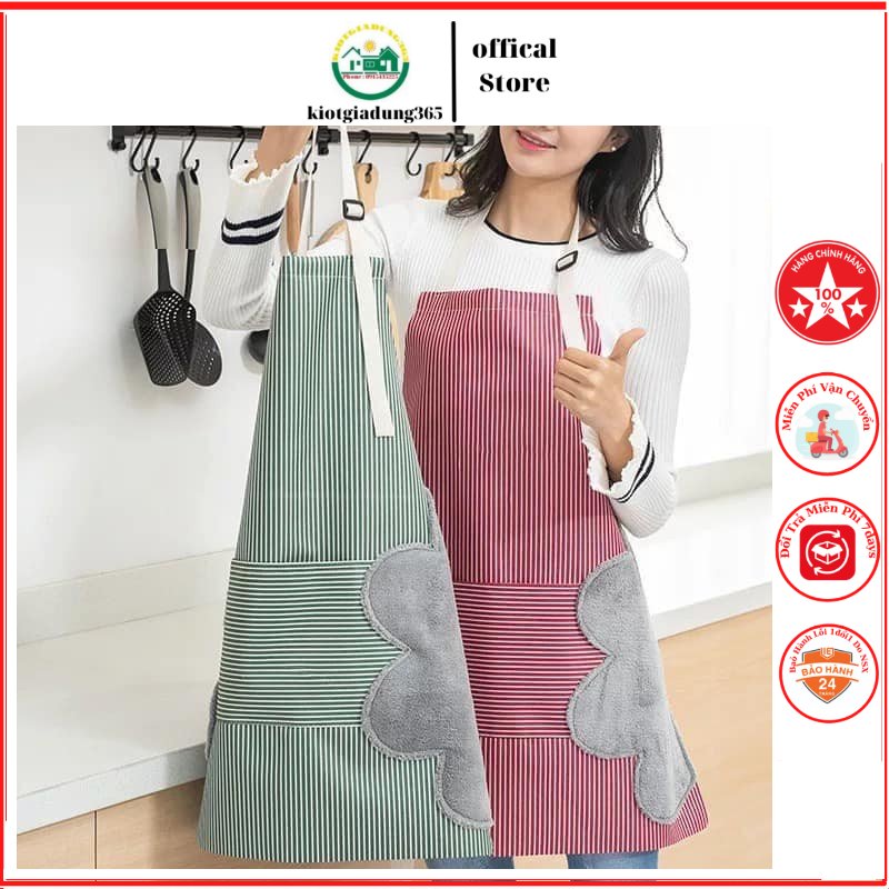 Tạp dề kẻ mẫu mới có chỗ lau tay, để điện thọi