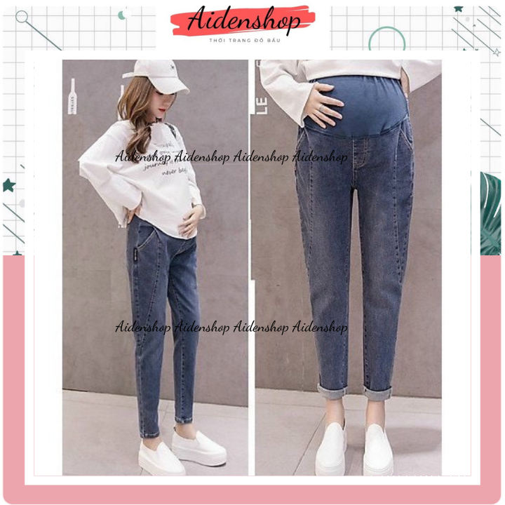 Quần bầu công sở jeans Aidenshop Quần bò bầu dáng dài,quần bầu thu đông