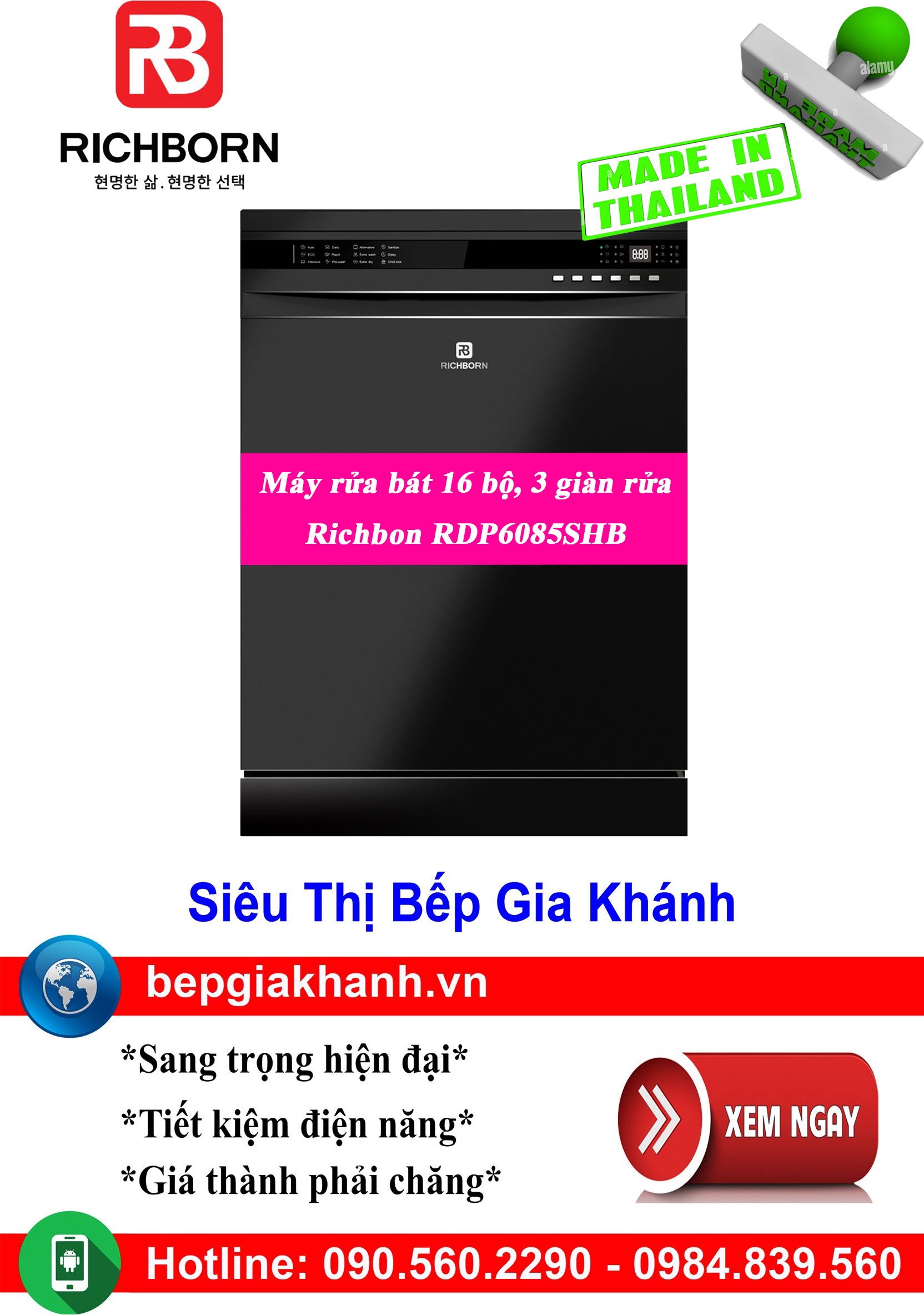 Máy rửa bát 16 bộ Richborn RDP6085SHB nhập khẩu Thái Lan | Màu Đen | 3 Giàn Rửa, máy rửa chén, máy rửa chén bát, máy rửa bát máy rửa bát giá rẻ, may rua bat, may rua chen may rua bat gia re