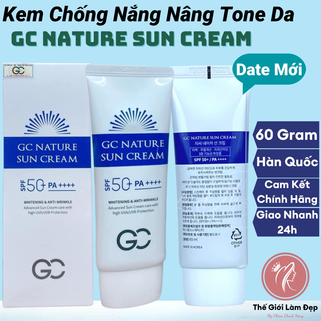 Kem chống nắng trắng da vật lý nâng tone da mặt kiềm dầu body toàn thân Gc Nature mỹ phẩm Hàn Quốc Sun Cream sunscreen nam nữ Spf 50 60ml,kem sữa chong nang kcn trống chôngs nắng dưỡng da dầu mụn phổ rộng đồ skincare makeup trang điểm rẻ-Thế Giới Làm Đẹp