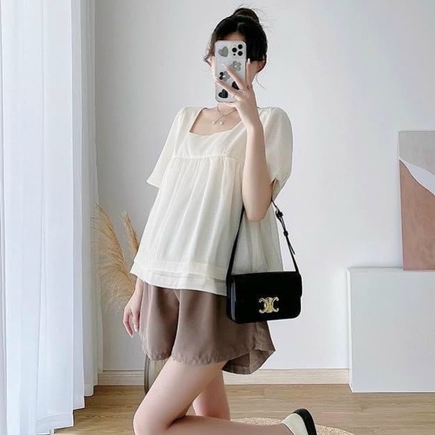 Bộ bầu bộ sau sinh dáng babydoll hình tim thắt nơ sau tiểu thư - b133