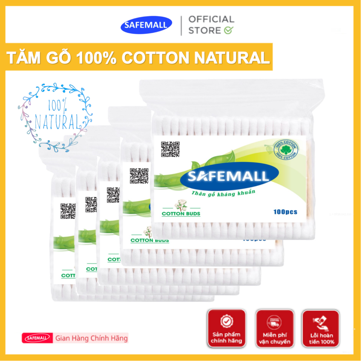 Safemall 100 PCs premium safemall wooden toothpick kit safe eco-friendly soft cotton swab comes with care for makeup and cleaning-authentic safemall official