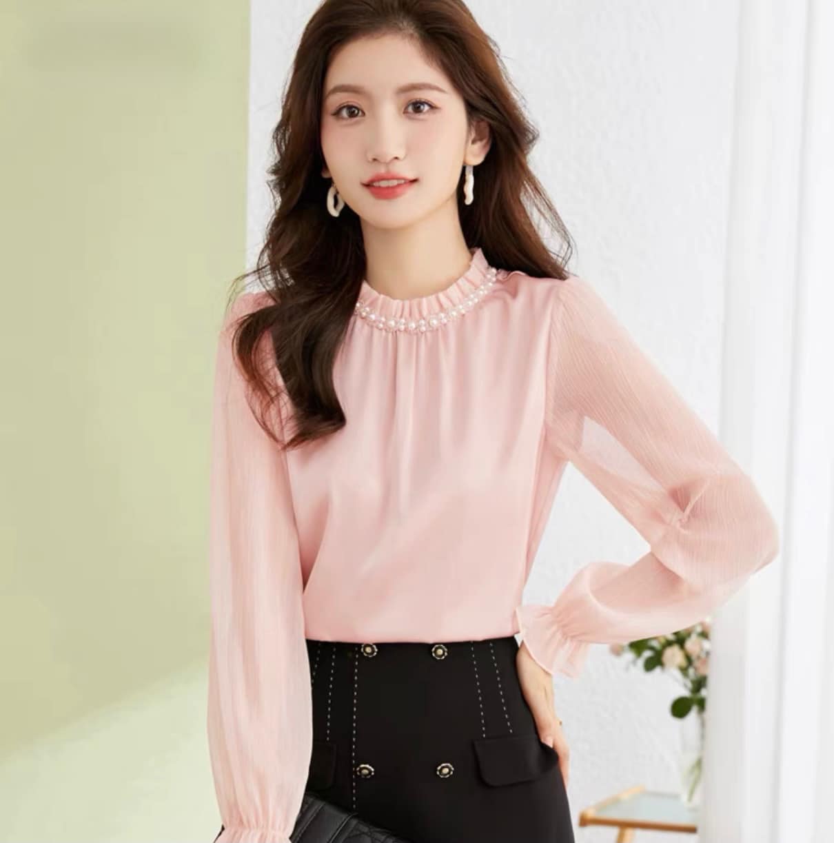 Áo sơ mi trung niên nữ ht official,áo nữ kiểu cổ nhún đính hạt cao cấp ht _ thời trang trung niên