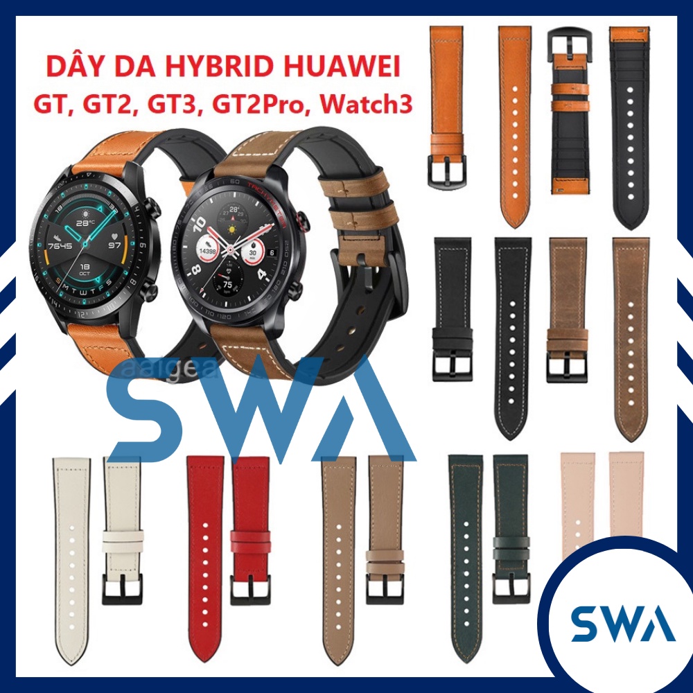 Dây da đồng hồ huawei watch gt gt2 gt3 gt2pro gt3pro honor magic da thật lót silicon có rãnh thoáng khí, swastore dây da đồng hồ gt2 , dây đồng hồ gt3, dây da huawei gt3 dd01