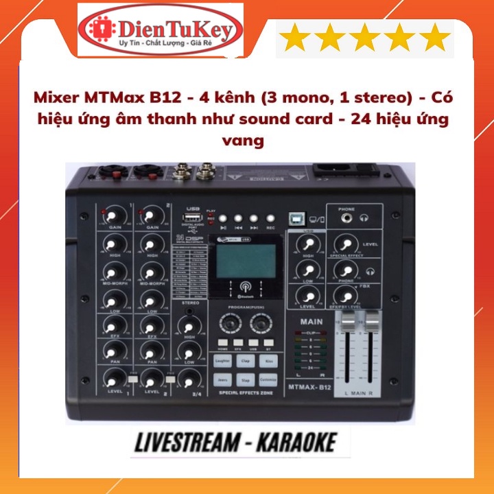 Bàn trộn âm thanh Mixer MTMax B12 - 4 kênh (3 mono, 1 stereo) - Có hiệu ứng âm thanh như sound card 