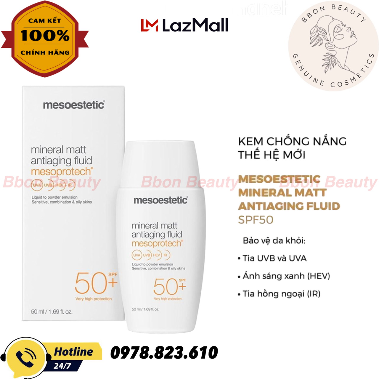 Kem Chống Nắng Mesoestetic Mineral Matt Antiaging Fluid Mesoprotech SPF 50+ - 50ml - BBon Beauty Chính hãng