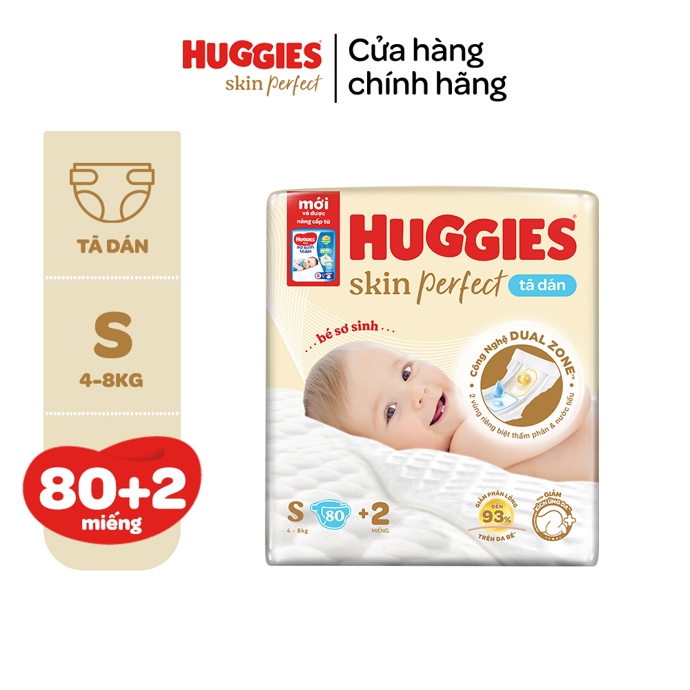 Tã/Bỉm Dán Sơ Sinh Huggies Skin Perfect NB/S với 2 Vùng Thấm Giảm Kích Ứng Da