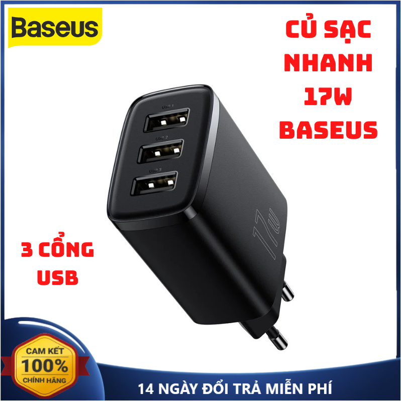 Củ sạc nhanh 17w 3 cổng usb baseus compart hỗ trợ sạc nhanh qc 3.0 nhỏ gọn củ sạc nhanh iphone android