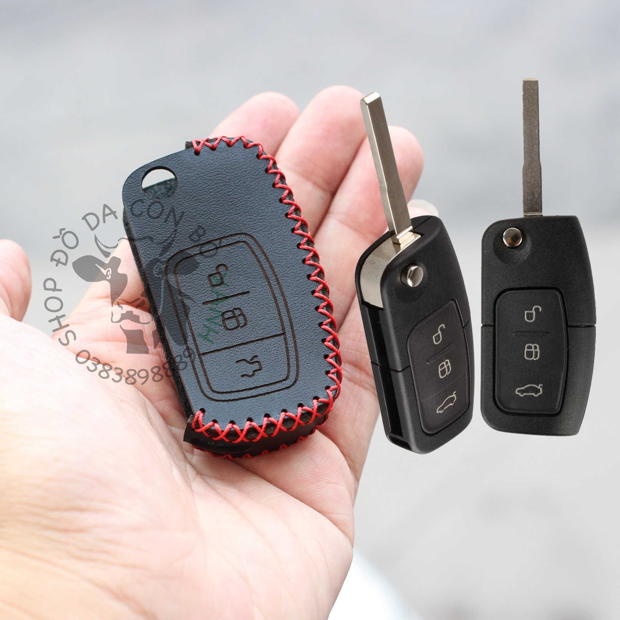 Bao da chìa khoá Ford Ecosport, Fiesta, Focus, Mondeo chìa Gập handmade da thật 001