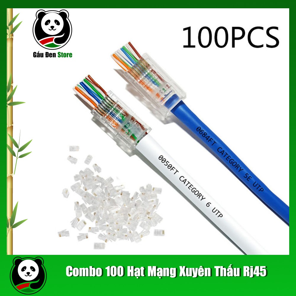 Combo 100 hạt nhựa đầu bấm mạng xuyên thấu rj45