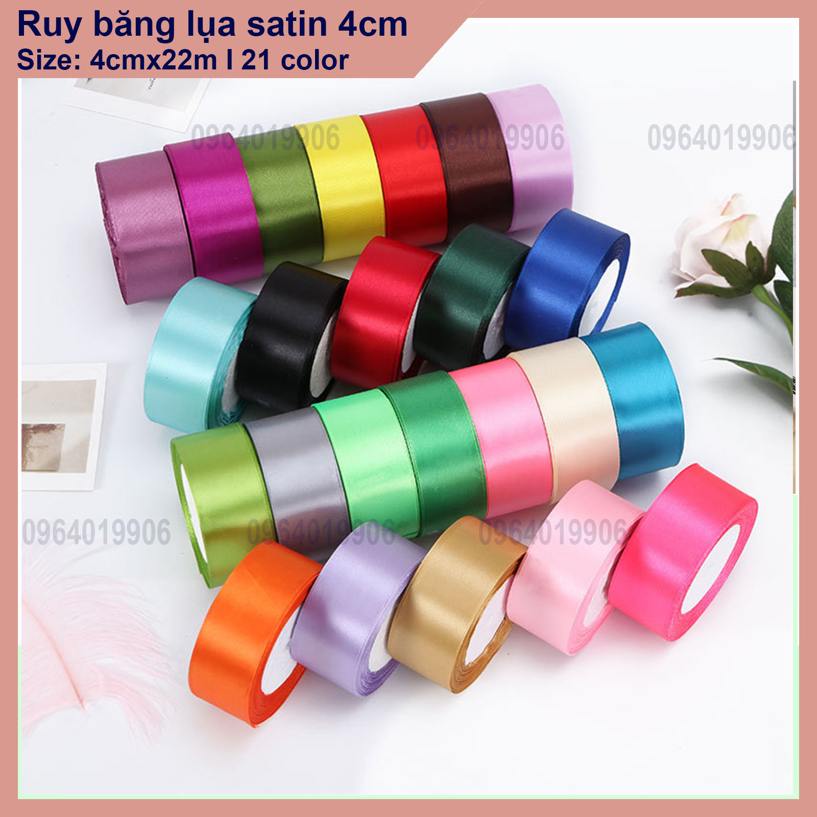 Cọc 5 cuộn ruy băng lụa 4cm-phụ kiện trang trí, phụ kiện hoa, hanmande