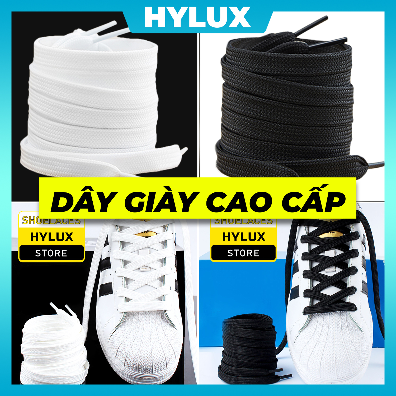 Dây Giày Dẹt 2 Lớp Màu Trắng Đen Cao Cấp Siêu Đẹp Dày Dặn Chính Hãng HYLUX Cho Giày Thể Thao Sneaker