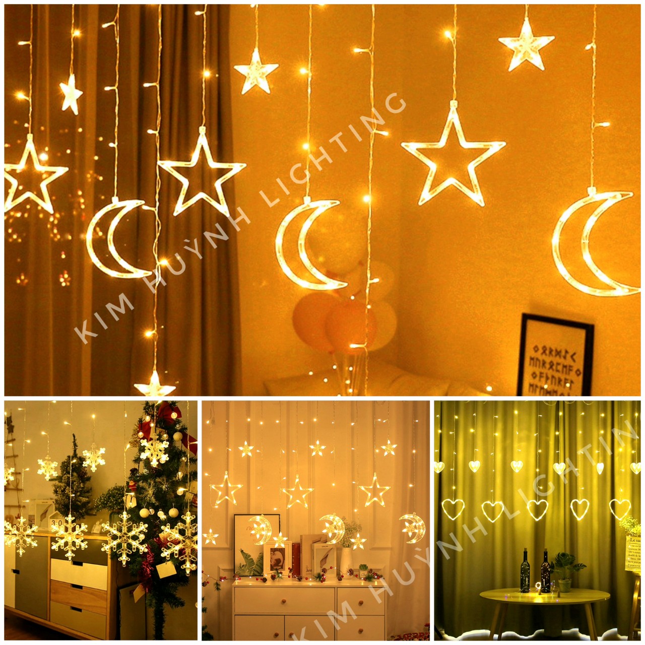 Dây đèn LED nháy rèm kiểu trăng sao, trang trí lễ Tết ngoài trời (cắm điện)