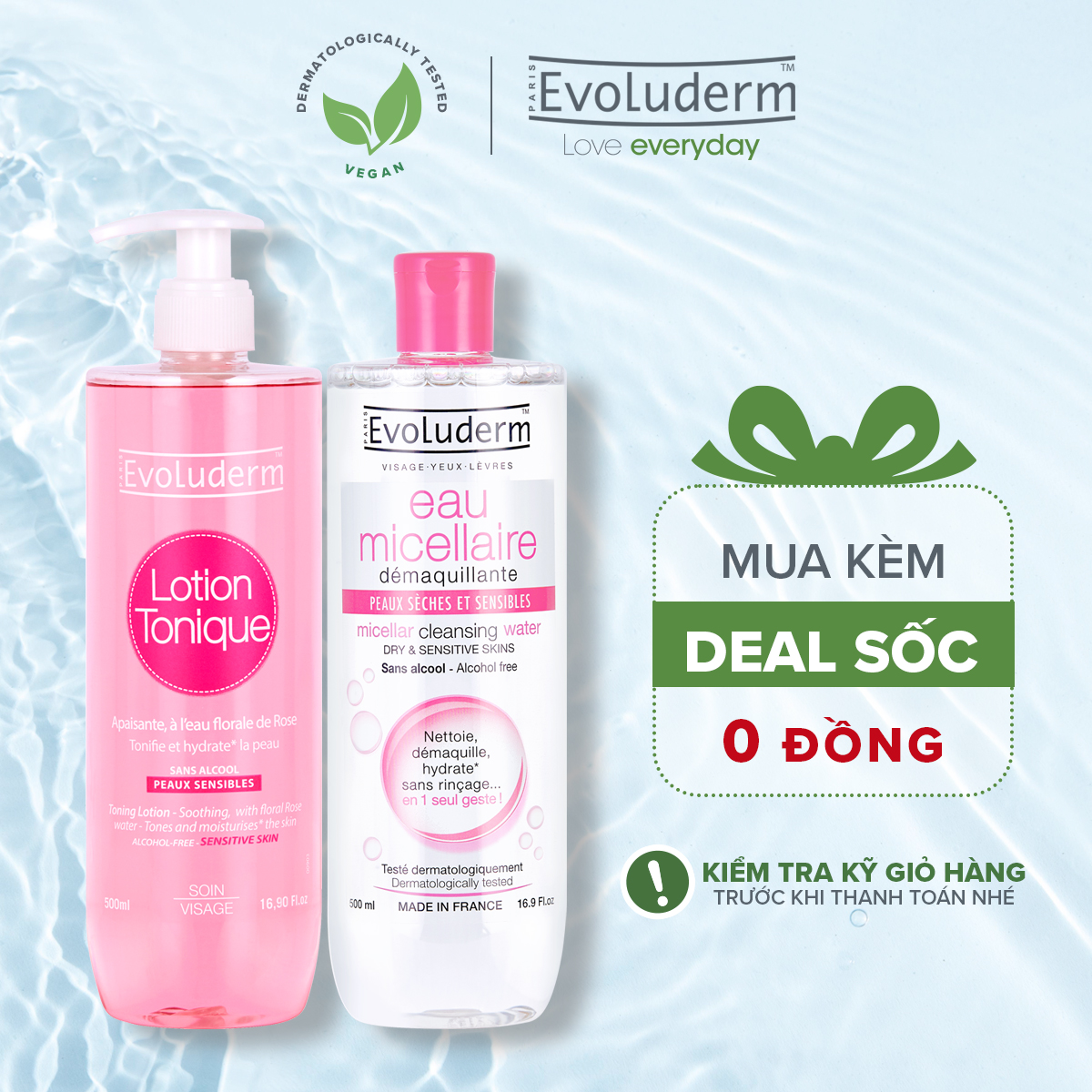 Bộ 2 sản phẩm nước hoa hồng và nước tẩy trang chăm sóc dành cho da khô và nhạy cảm Evoluderm 500ML