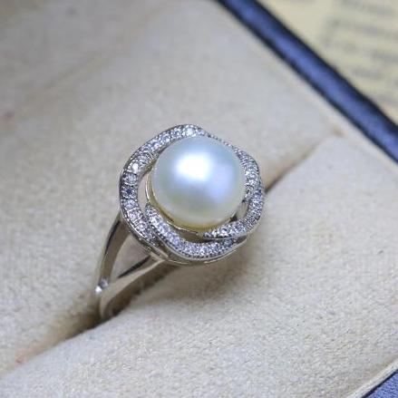 [HCM] Nhẫn bạc cao cấp 925 cẩn đá xoàn nhí nối tâng lấp lánh, ngọc trai nuôi cấy nước ngọt lớn 10li 4A kiểu hoa hồng Nhập Thái